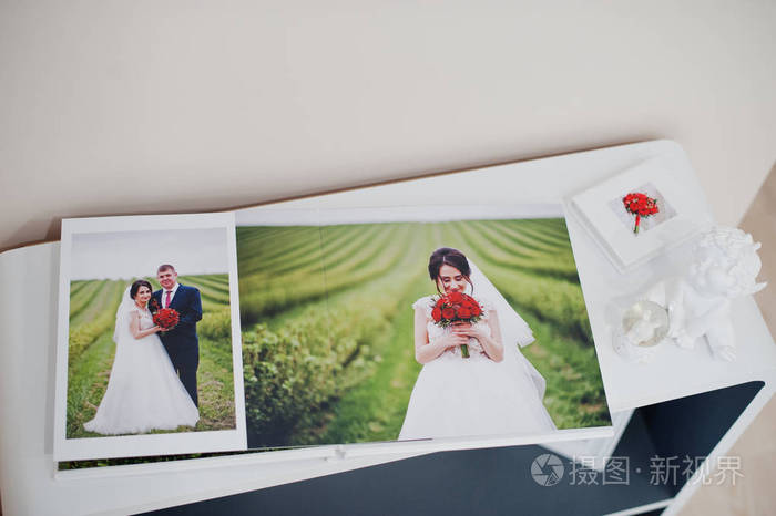 一张小桌子上优雅的写真或结婚相册的书页