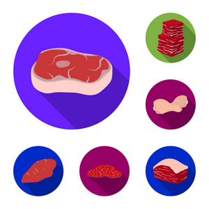 不同的肉类平面图标集合中的设计。肉类产品矢量符号股票网站插图