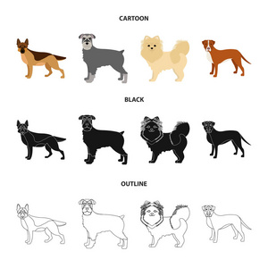 狗品种卡通, 黑色, 轮廓图标在集合中设计。狗宠物矢量符号股票 web 插图
