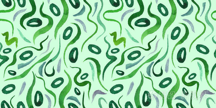 绿色海藻无缝图案与天然水彩插图的海藻在纸上.