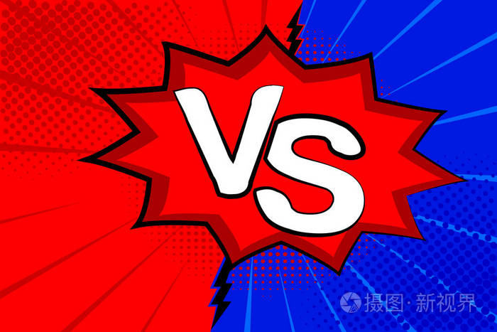 蓝色和红色背景.与雷电爆炸半色调点.卡通 vs 矢量
