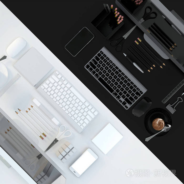 现代工作区与计算机, 文具设置在黑白颜色背景。顶部视图。平躺。3d 插图