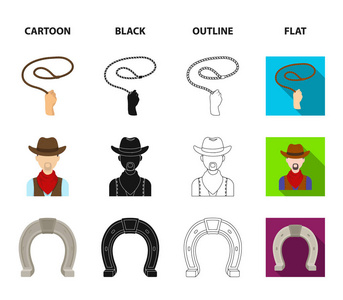 手套索, 牛仔, 马蹄, 鞭子。牛仔套装集合图标在卡通, 黑色, 轮廓, 平面风格矢量符号股票插画网站