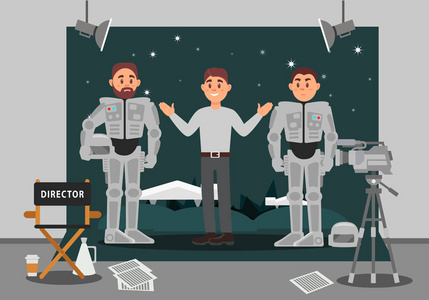 导演和演员工作的电影, 娱乐业, 电影制作矢量插图照片