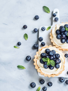 香草 tartlets 与蓝莓浆果在轻的大理石背景下