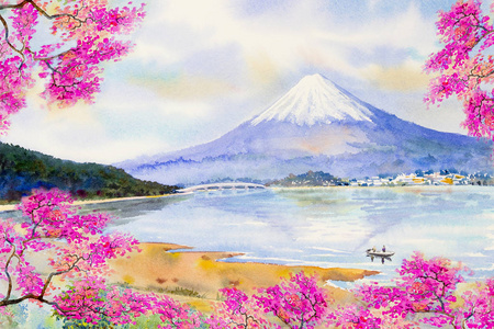 水彩和水墨插图的风格 sumi-e, u-sin.富士山,樱花,日落.日本太阳.