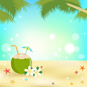 夏季背景横幅和框架与年轻的椰子汁和海洋元素