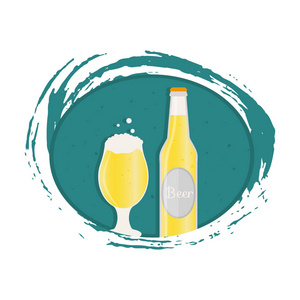 海报或横幅, 啤酒瓶, 杯子, 眼镜。带有酒精饮料的矢量图标。小麦啤酒