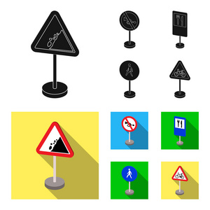 不同类型的路标黑色, 平面图标在集合中进行设计。警告和禁止标志矢量符号股票 web 插图