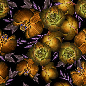明亮的无缝图案与花卉。牡丹.兰花.水彩插图