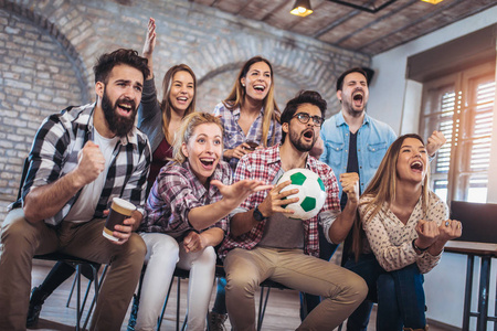 一群足球爱好者观看比赛, 晚上在体育酒吧喝啤酒可爱的达赫尚德,就像