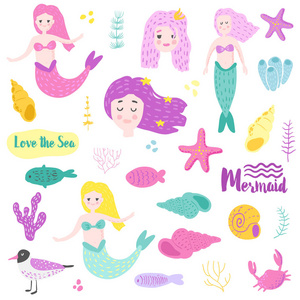可爱的水下生物元素与美人鱼和鱼。孩子气的航海手画涂鸦的装饰, 印刷, 图案。矢量插图
