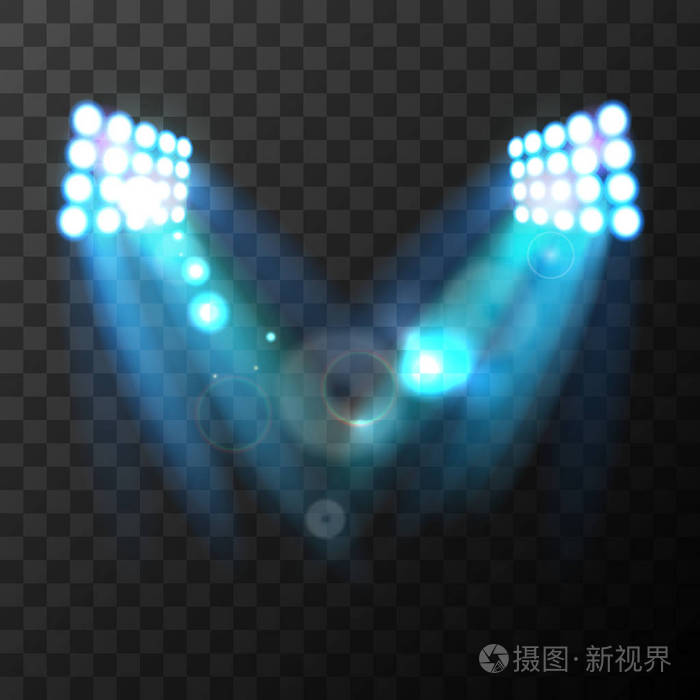 明亮的体育场蓝色聚光灯在透明背景。矢量插图。Eps 10插画-正版商用