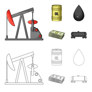 泵, 桶, 下落, 美元。集油图标在卡通, 轮廓风格矢量符号股票插画网站