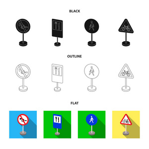 不同类型的道路标志黑色, 扁平, 轮廓图标在集合中进行设计。警告和禁止标志矢量符号股票 web 插图