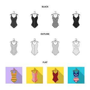 不同种类的泳装。泳衣套装集合图标黑色, 平面, 轮廓样式矢量符号股票插画网站