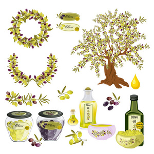 油橄榄树食品瓶标签矢量插图
