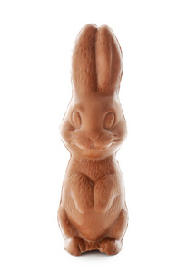 在白色背景上的巧克力复活节兔子。