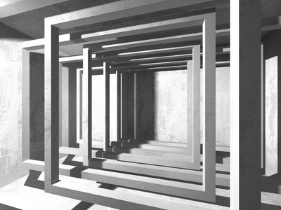 黑暗的地下室里空荡荡的房间的室内装饰。混凝土墙。建筑背景。3d 渲染图