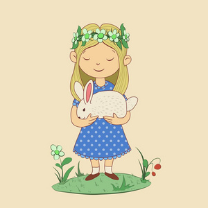 画的可爱的女孩与兔子在她的手中。复活节快乐。米色背景下的滑稽人物矢量插图