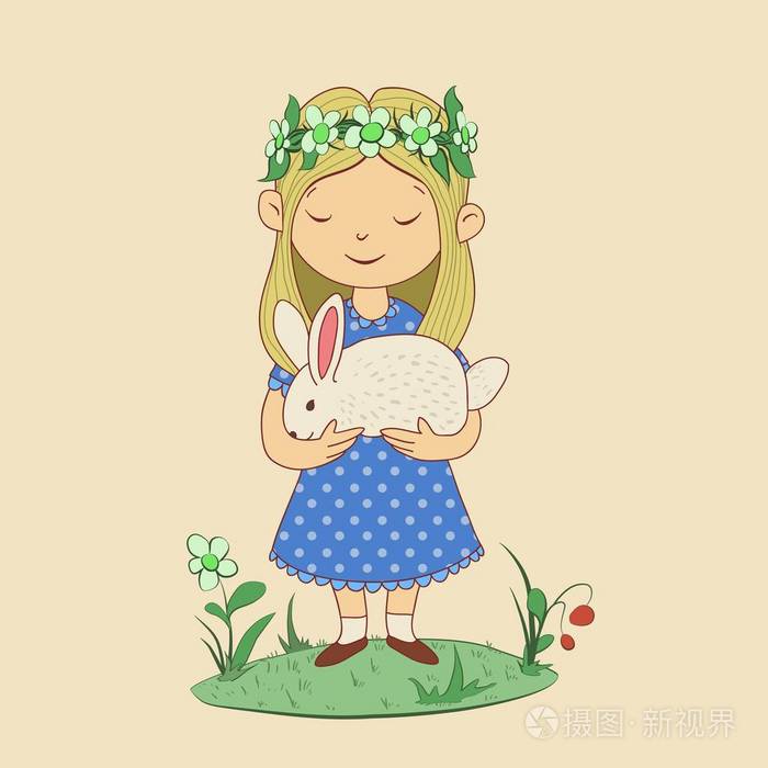 画的可爱的女孩与兔子在她的手中.复活节快乐.