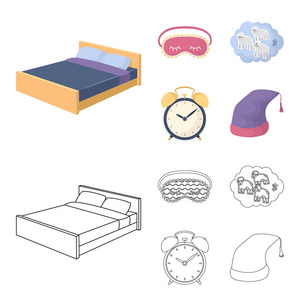 一张床, 一只眼罩, 数着公羊, 一个闹钟。休息和睡眠集图标在卡通, 轮廓风格矢量符号股票插画网站