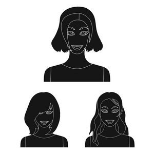 类型的女性发型黑色图标集合中的设计。妇女的出现矢量符号股票 web 插图