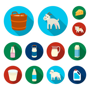 牛奶产品平面图标集合中的设计. 牛奶和食物矢量符号股票网页插图