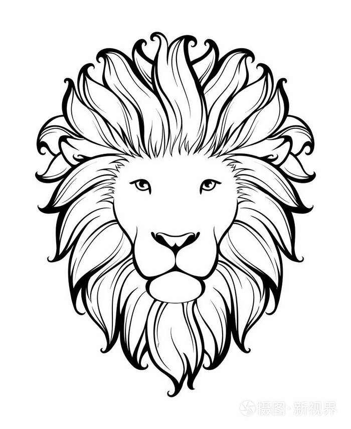 线性程式化狮子.黑白图形.
