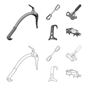 一个冰斧, 一个马枪和其他设备。登山集合图标的轮廓, 单色风格矢量符号股票插画网站
