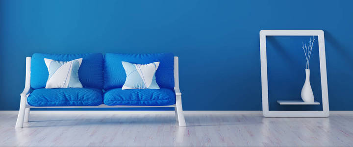 现代居室的室内设计与蓝色沙发, 3d 渲染