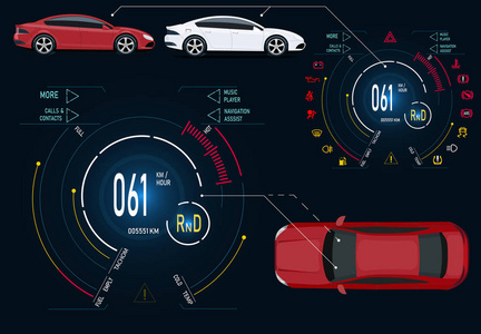 汽车服务。现代汽车的数字汽车仪表板。图形显示, 诊断。插图