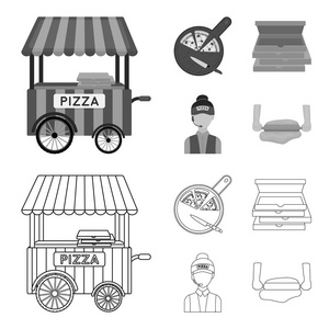 移动拖车, 切板为比萨, 箱子, 推销员。比萨和比萨店设置集合图标的轮廓, 单色风格矢量符号股票插画网站