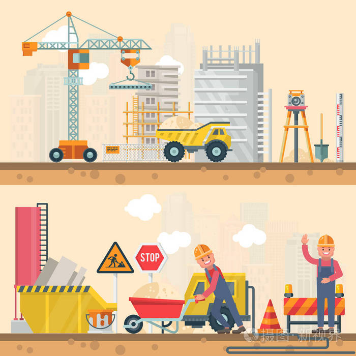 插画 施工矢量平图.建筑海报的现代风格.彩色行业模板.eps
