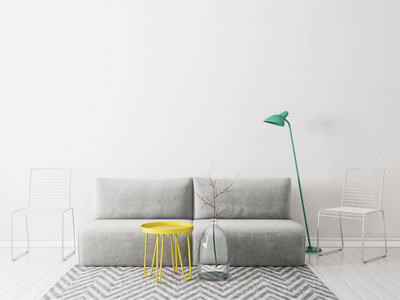 现代客厅有沙发和灯。斯堪的纳维亚室内设计家具。3d 渲染插图