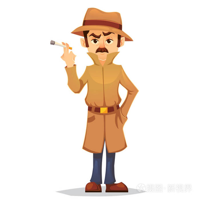 侦探人物设计, 卡通平面风格, 矢量彩色插图, 黑色侦探吸烟 eps10
