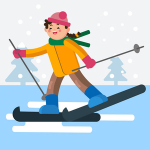 女孩在平坦的地面上滑雪