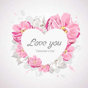 快乐情人节白色的心在粉红色的花朵被孤立的白色背景, 矢量插图