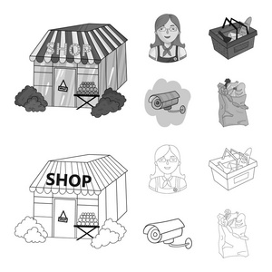 售货员, 女人, 篮子, 塑料制品。超市集合图标的轮廓, 单色风格矢量符号股票插画网