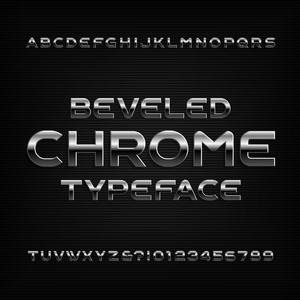 Chrome 效果字母表字体。金属斜面字母数字和符号。任何版式设计的股票矢量字体