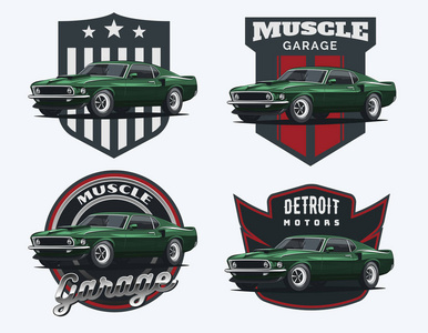 一套经典的肌肉车标志, 徽章和徽章在白色背景隔离。老美国汽车从60s