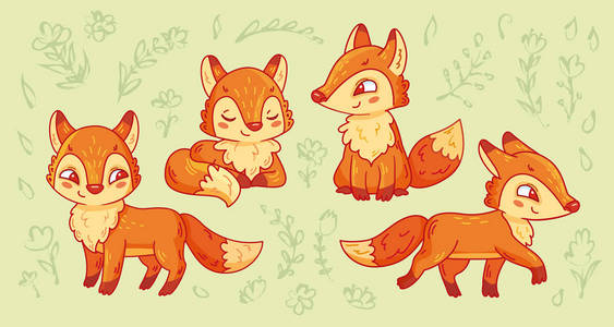 一套可爱的卡通狐狸在不同的姿势