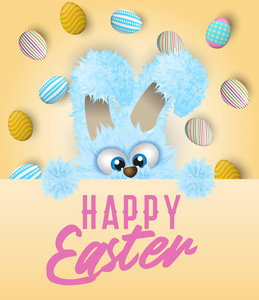 复活节快乐贺卡与彩绘或装饰的鸡蛋和蓝色蓬松的兔子, 是偷看