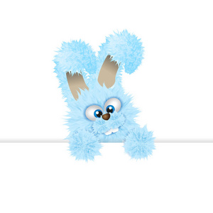 蓝色的复活节兔子在偷看。毛茸茸的兔子带 copyspace 的矢量插图