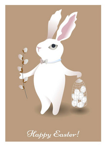 有复活节彩蛋的滑稽兔子。矢量插图。平面样式