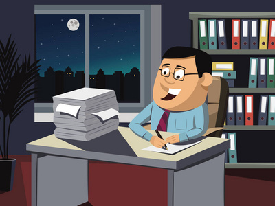 忙插画有趣的人忙着加班工作.夜主题与月亮和星.矢量卡通插画照片