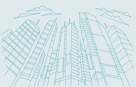 大城市摩天大楼草图建筑.蓝线骨架笔画现代建筑景观.