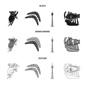 考拉在竹子, 回旋镖, 悉尼塔, 鱼小丑和铵。澳大利亚集合图标黑色, 单色, 轮廓样式矢量符号股票插画网站
