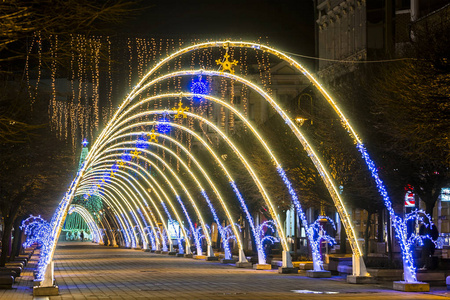 IvanoFrankivsk 市冬季假日的新年夜景或圣诞装饰拱门