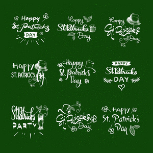 快乐圣帕特里克节标签绿色背景, 手绘庆祝字体版式图标